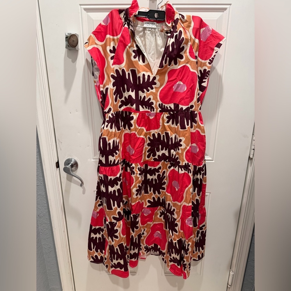 Crosby by Mollie Burch Pink Brown Tan Mod Poppy Watts Midi Dress sz M